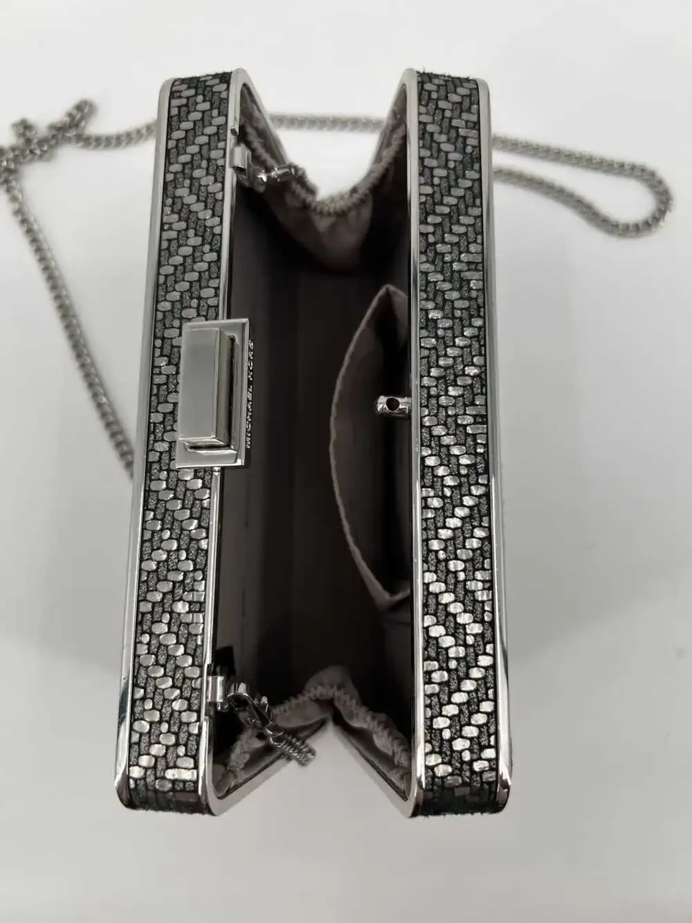 Michael Kors Metallic Silver Clutch | Textured Textile, Chain Strap, OS